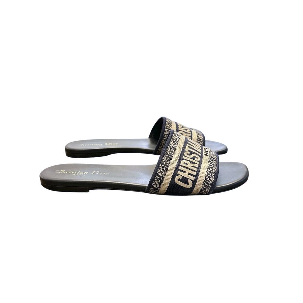 Christian Dior Dway Blue Toile Embroidered Logo Mules Slides Sandals Size 37.5 - Picture 2 of 8